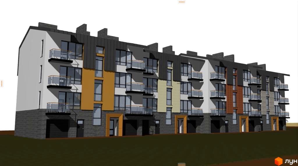 Зовнішній вигляд житлового комплексу Троянда на Граніті, що складається з декількох секцій різної висоти та кольорової гами, з балконами та великими вікнами. Навколо будинку зелений газон.