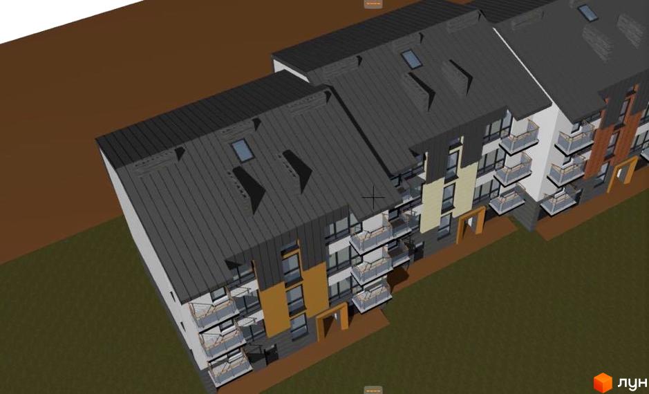 Зовнішній вигляд житлового комплексу Троянда на Граніті з сірими дахами та балконами. Навколо будівель зелена ділянка.