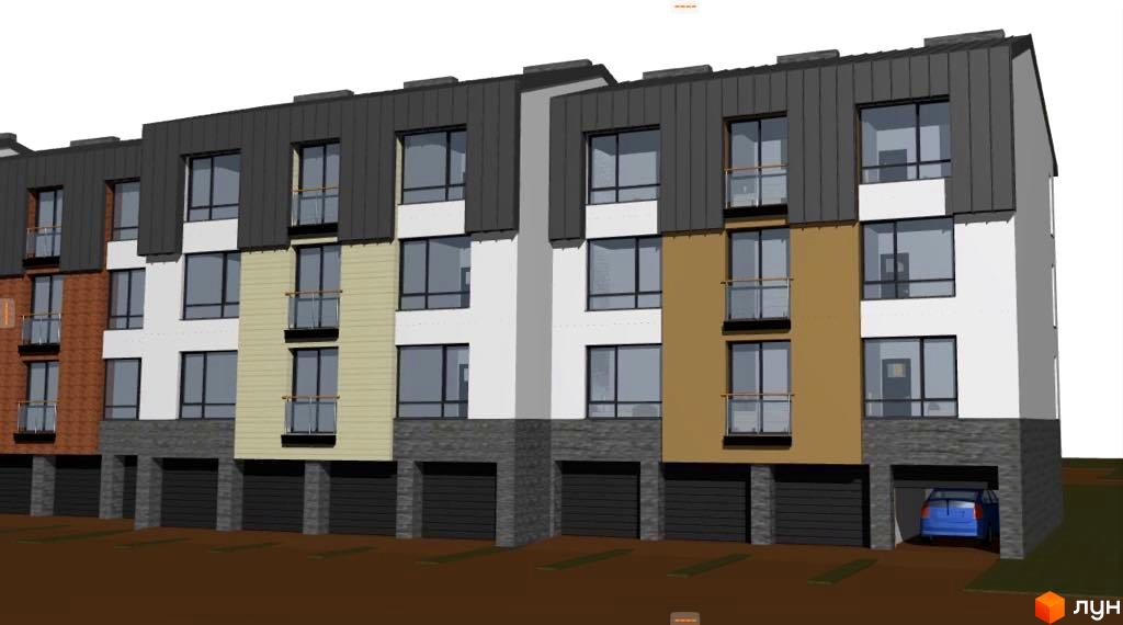 Зовнішній вигляд новобудови ЖК Троянда на Граніті з гаражами та синім автомобілем. Фасад будівлі оздоблений цеглою, штукатуркою та металевим дахом.