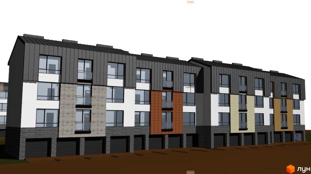 Зовнішній вигляд житлового комплексу Троянда на Граніті з фасадами з цегли, бетону та білої штукатурки, з великими вікнами та балконами. Перед будинком розташована парковка.