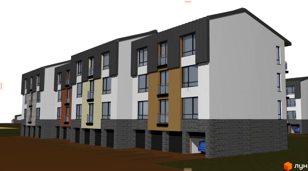 Зовнішній вигляд новобудови ЖК Троянда на Граніті з гаражами та балконами. Навколо будинку зелена територія.