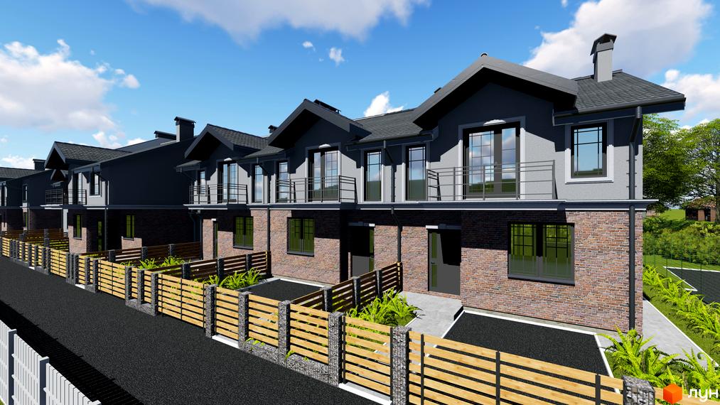 КМ Скандинавія: фасади та зовнішній вигляд будинків з цегляною обробкою та балконами. Прибудинкова територія з дерев'яними парканами та зеленню.