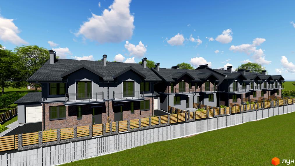 Котеджне містечко КМ Скандинавія: фасади будинків з цегляним оздобленням та балконами, огороджена прибудинкова територія з газоном та парканом.