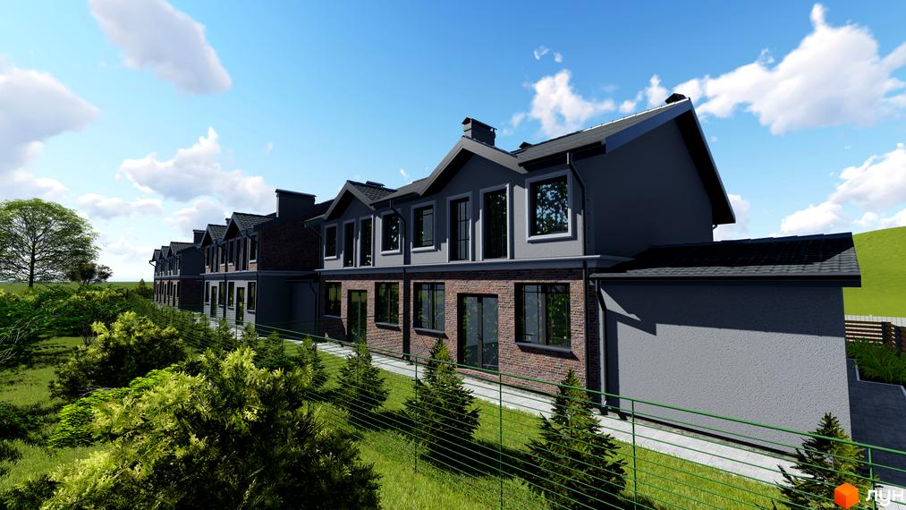 Котеджне містечко КМ Скандинавія: фасади будинків з цегляним оздобленням та сірою штукатуркою, вікна з темними рамами. Прибудинкова територія з зеленими насадженнями та парканом.