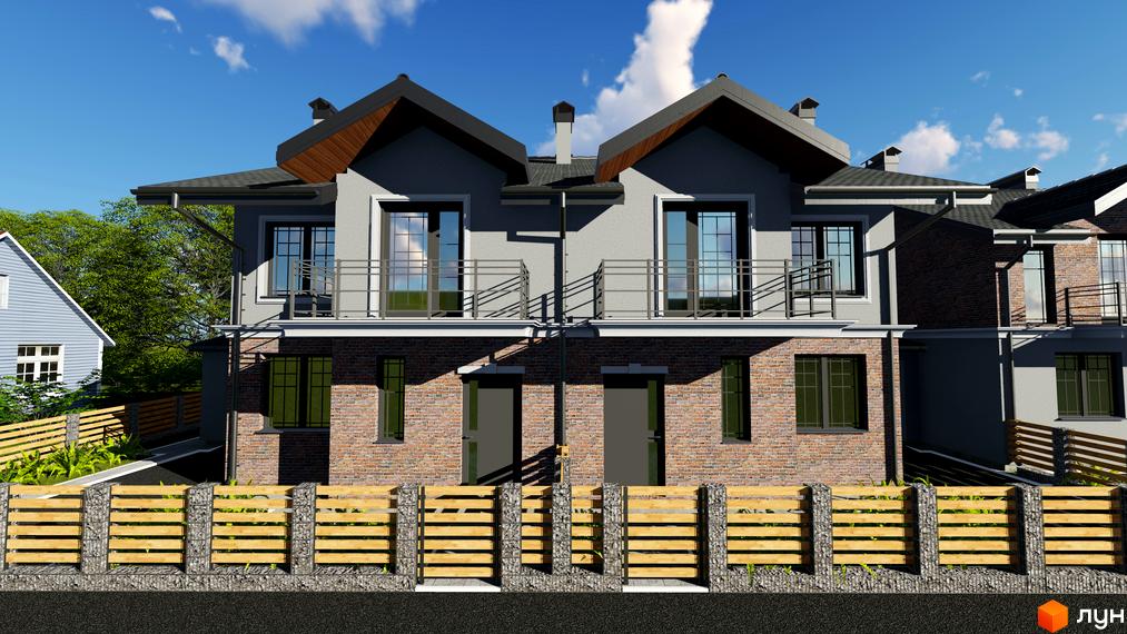 Котеджний комплекс Скандинавія: фасади з сірої штукатурки та цегли, балкони на другому поверсі. Перед будинками – кам'яно-дерев'яний паркан.