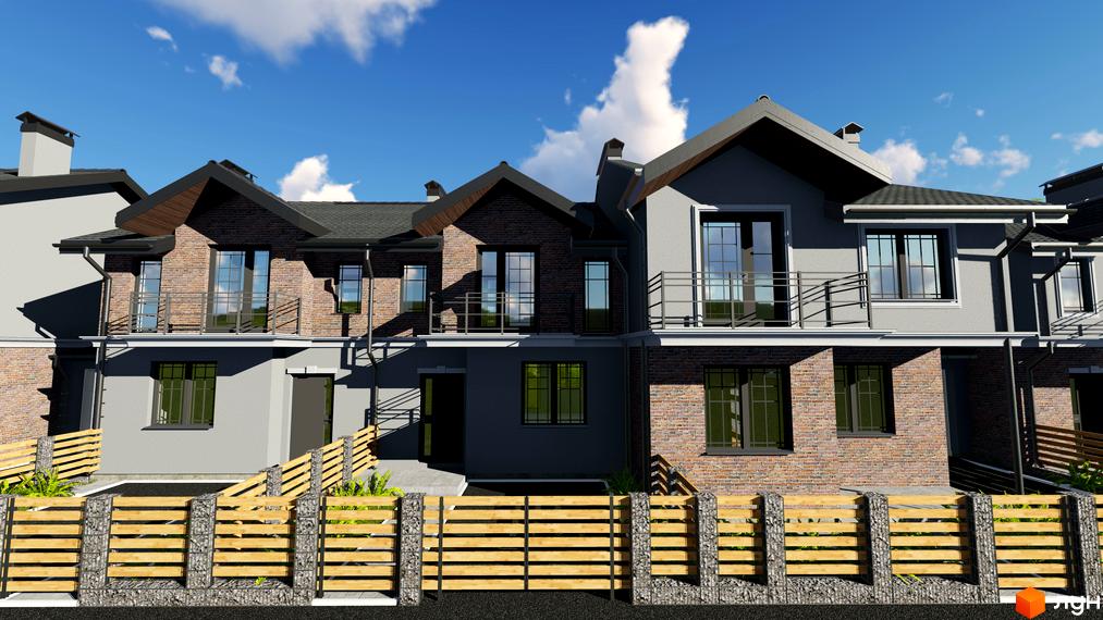 Зовнішній вигляд котеджного містечка КМ Скандинавія з цегляними та сірими фасадами, балконами та дерев'яним парканом.