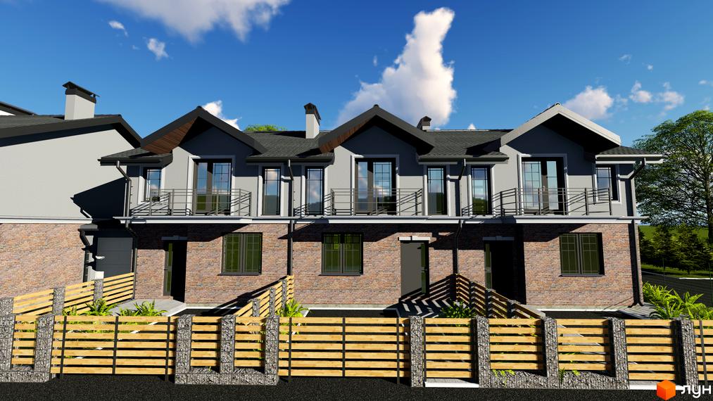 Котеджне містечко КМ Скандинавія. Фасад будинку з цегляним цоколем, сірими стінами та балконами. Огороджена територія з дерев'яним парканом.