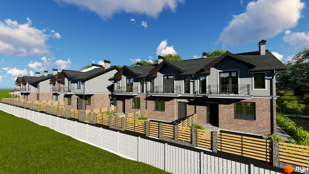 Котеджне містечко КМ Скандинавія: фасади будинків з цегляною обробкою та балконами. Прибудинкова територія з дерев'яними парканами та зеленими насадженнями.