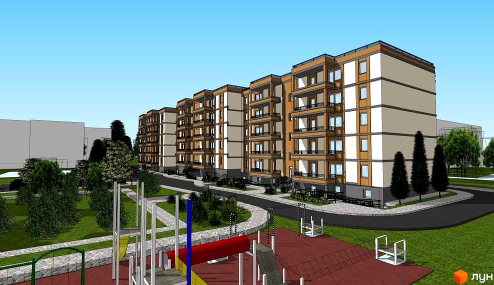 Житловий комплекс на вул. Шухевича, 9. Багатоповерхові будинки з балконами та дитячий майданчик поруч.