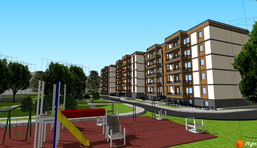 Зовнішній вигляд житлового комплексу на вулиці Шухевича, 9, з фасадами кольору слонової кістки та коричневого дерева, а також дитячим майданчиком та зеленими насадженнями.