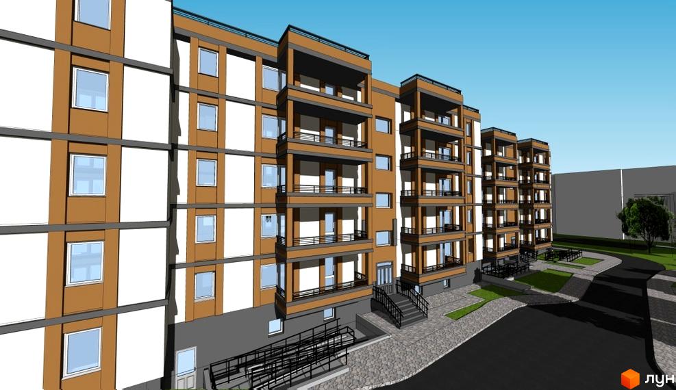 Зовнішній вигляд житлового комплексу на вул. Шухевича, 9, з балконами та вікнами. На прибудинковій території розташовані доріжки та зелені насадження.