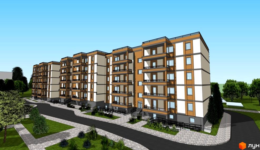 Зовнішній вигляд житлового комплексу на вул. Шухевича, 9, з численними балконами та вікнами. Навколо будинку розташована доглянута прибудинкова територія з зеленими насадженнями та доріжками.