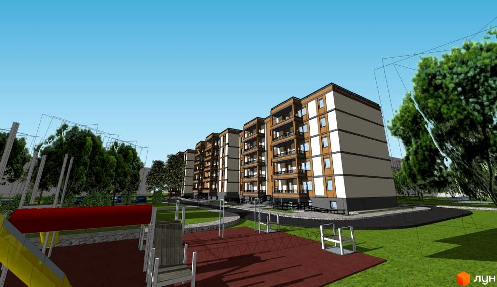Зовнішній вигляд житлового комплексу на вул. Шухевича, 9, з балконами та вікнами, на тлі зеленої прибудинкової території з дитячим майданчиком.