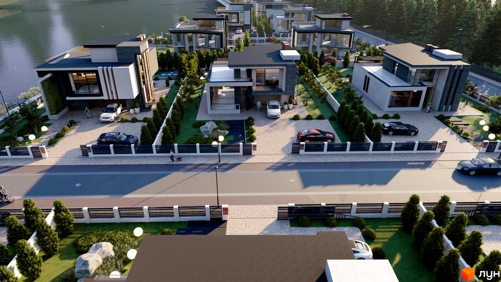 Котеджне містечко КМ Київ: двоповерхові будинки з пласкими дахами та великими вікнами, огороджена територія з доглянутими газонами та деревами.