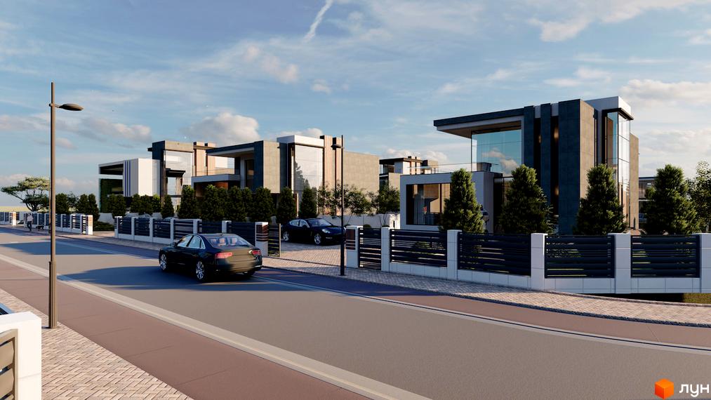 Котеджне містечко КМ Київ. Сучасні будинки з панорамними вікнами та огородженою територією з доглянутими деревами.