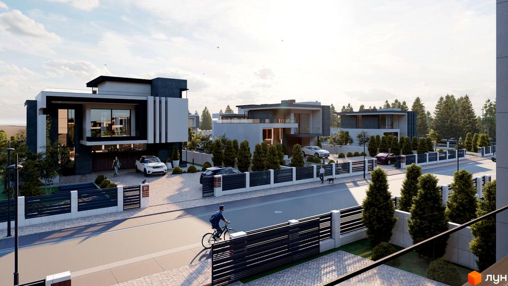 Сучасні будинки з великими вікнами та парканами в котеджній забудові КМ Київ. На території є дерева, дороги та машини.