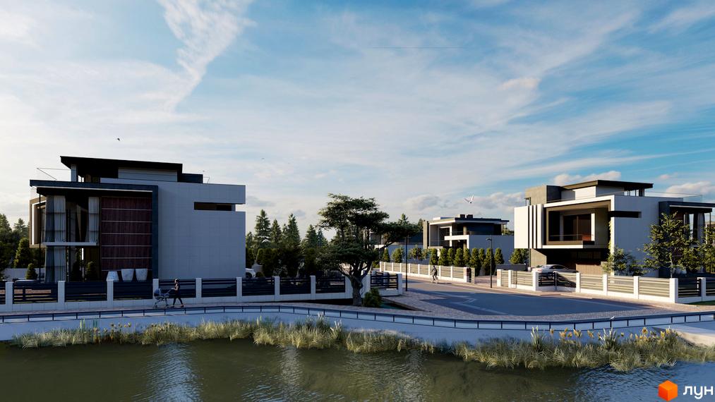 КМ Київ: сучасні котеджі з панорамними вікнами та доглянутою прибудинковою територією біля водойми. Комплекс розташований серед дерев під блакитним небом.