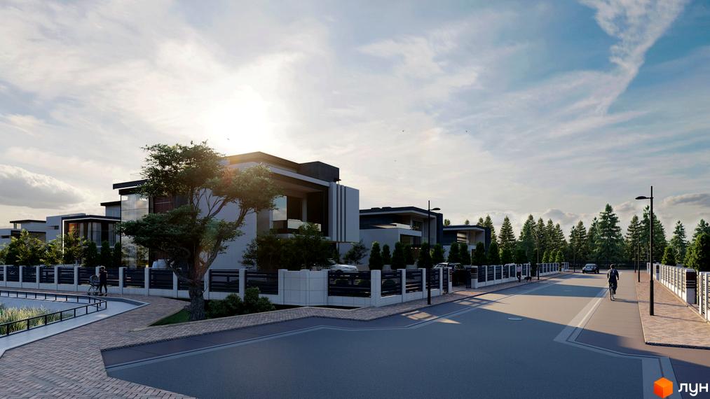 Котеджне містечко КМ Київ – це сучасні будинки з великими вікнами та доглянутою прибудинковою територією з зеленими насадженнями та доріжками.