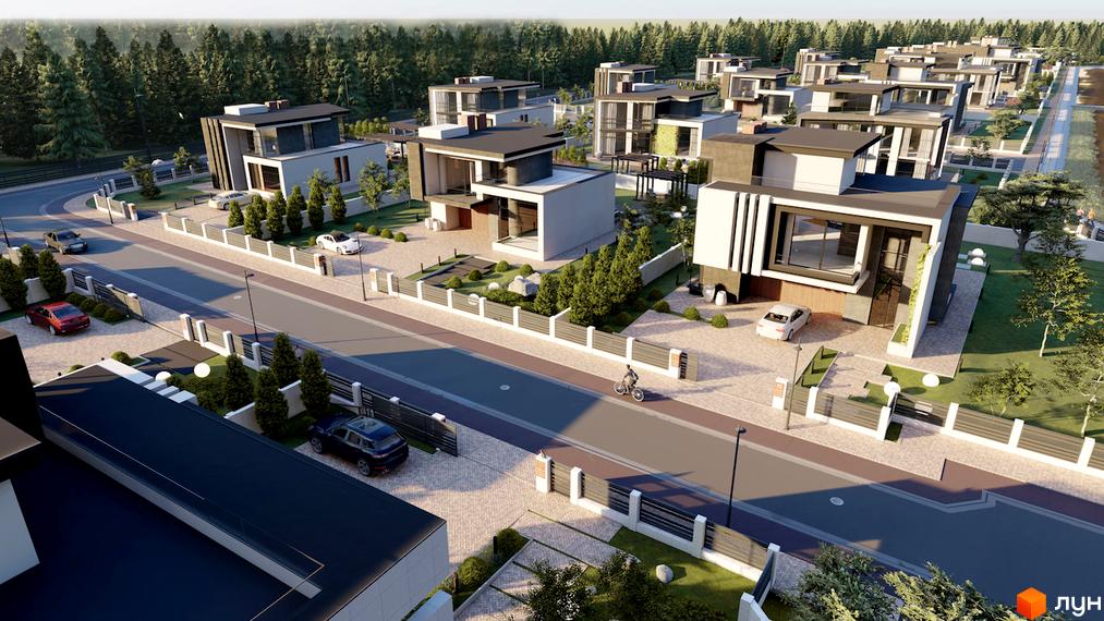 Котеджне містечко КМ Київ. Сучасні будинки з великими вікнами та доглянутою прибудинковою територією з деревами та парканом.