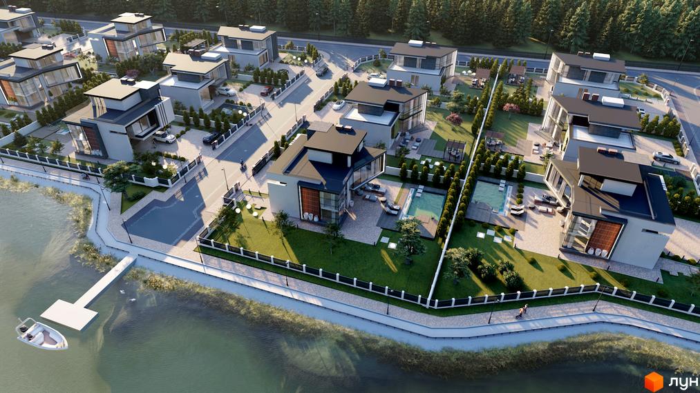 Котеджне містечко КМ Київ. Будинки з великими вікнами та пласкими дахами, з басейнами та доглянутими газонами поруч із водоймою та лісом.