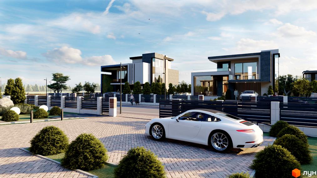 Котеджне містечко КМ Київ. Сучасні будинки з великими вікнами та доглянутою прибудинковою територією з акуратними кущами та парканом.