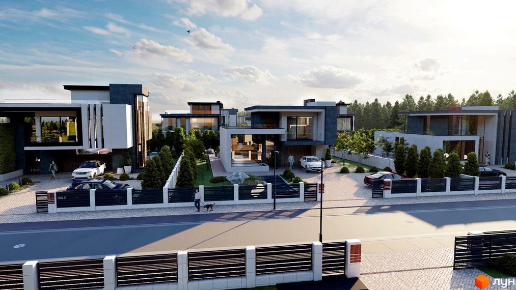 Котеджне містечко КМ Київ: фасади будинків з панорамними вікнами та терасами, прибудинкова територія з парканами та автомобілями.