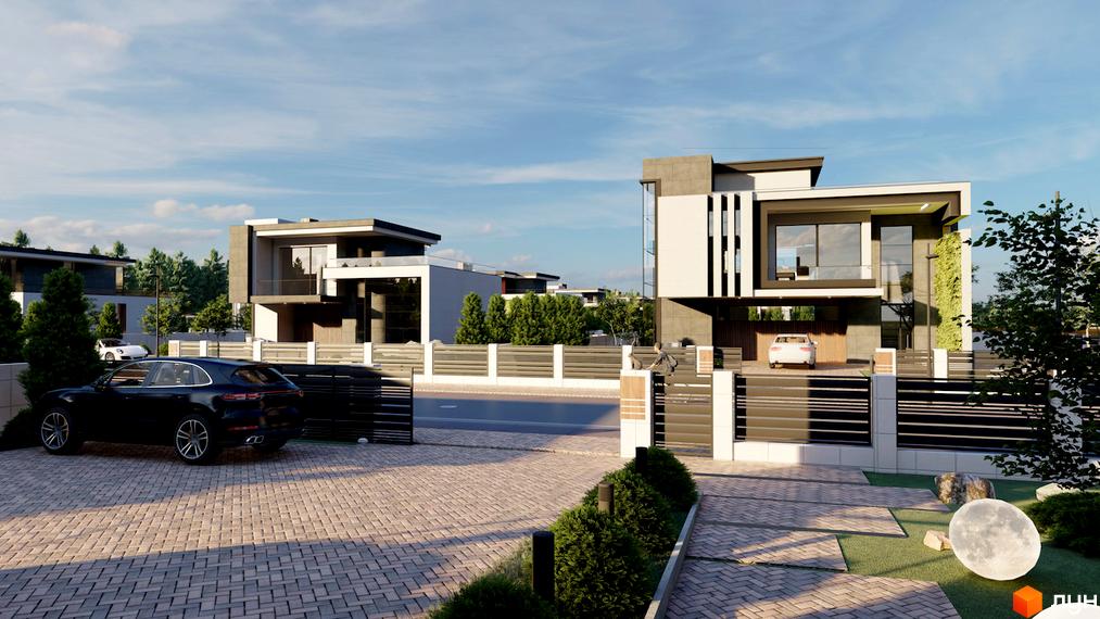 Сучасні двоповерхові будинки з великими вікнами та пласкими дахами. Прибудинкова територія з доглянутим газоном, бруківкою та парканом.