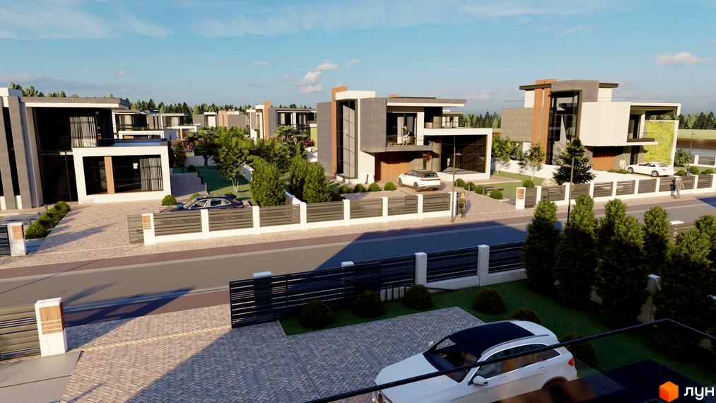 Котеджне містечко КМ Київ. Зовнішній вигляд будинків з великими вікнами та сучасними фасадами, огороджена прибудинкова територія з зеленими насадженнями та доглянутими газонами.