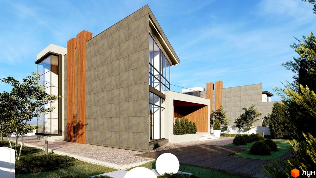 Котеджний комплекс КМ Київ. Фасад будинку оздоблений плиткою та деревом, великі вікна, прибудинкова територія з газоном та кущами.