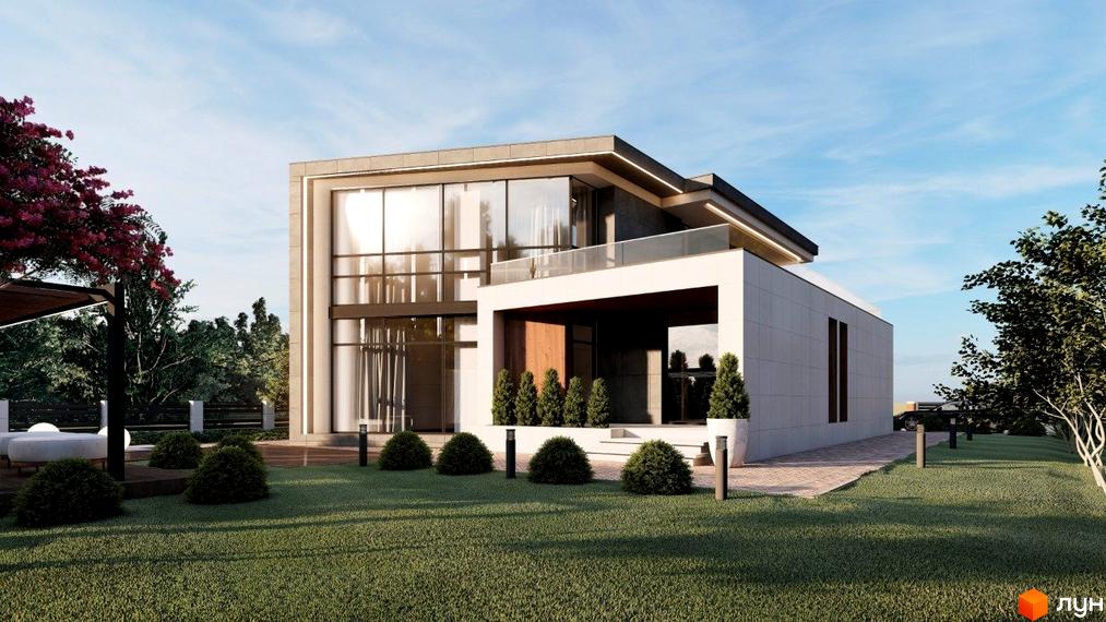 Сучасний котеджне містечко КМ Київ з великими вікнами та доглянутою прибудинковою територією. Зелений газон та дерева навколо будинку.