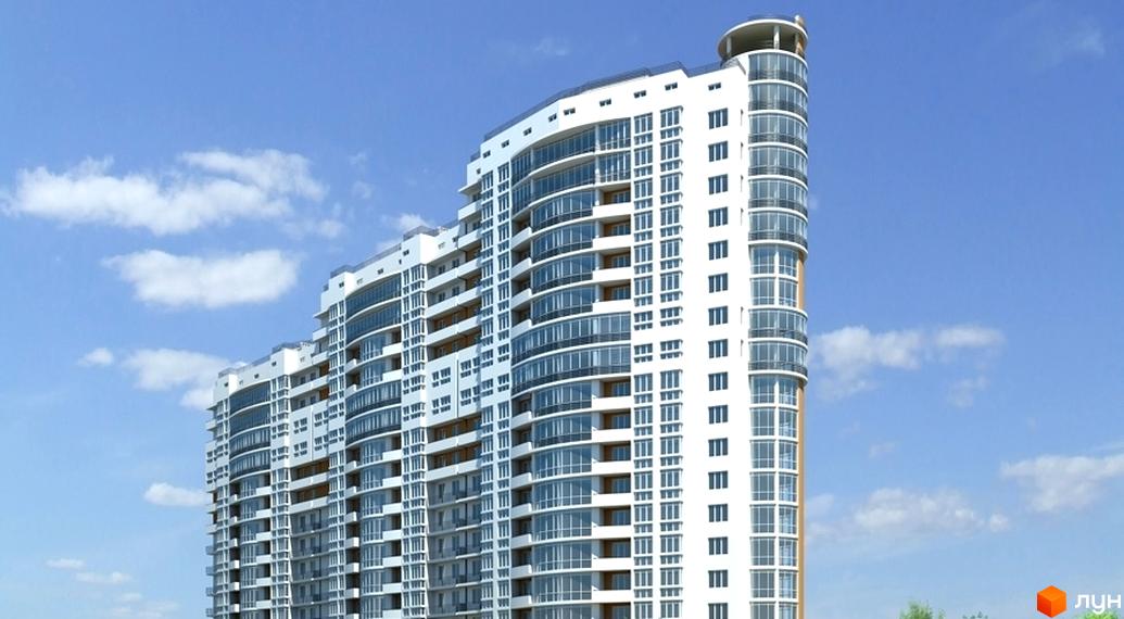 Житловий комплекс Зоряне містечко-2 з сучасною архітектурою. Прибудинкова територія з зеленими насадженнями та простором для відпочинку.