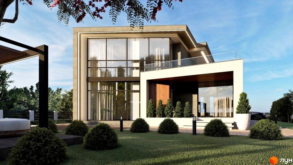 Сучасний котеджний комплекс КМ Київ з великими вікнами та доглянутою прибудинковою територією. Зелений газон та кущі навколо будинку.