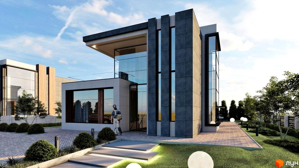 Сучасний котеджний комплекс КМ Київ з великими вікнами та кам'яним фасадом, доглянутою прибудинковою територією та ландшафтним освітленням.