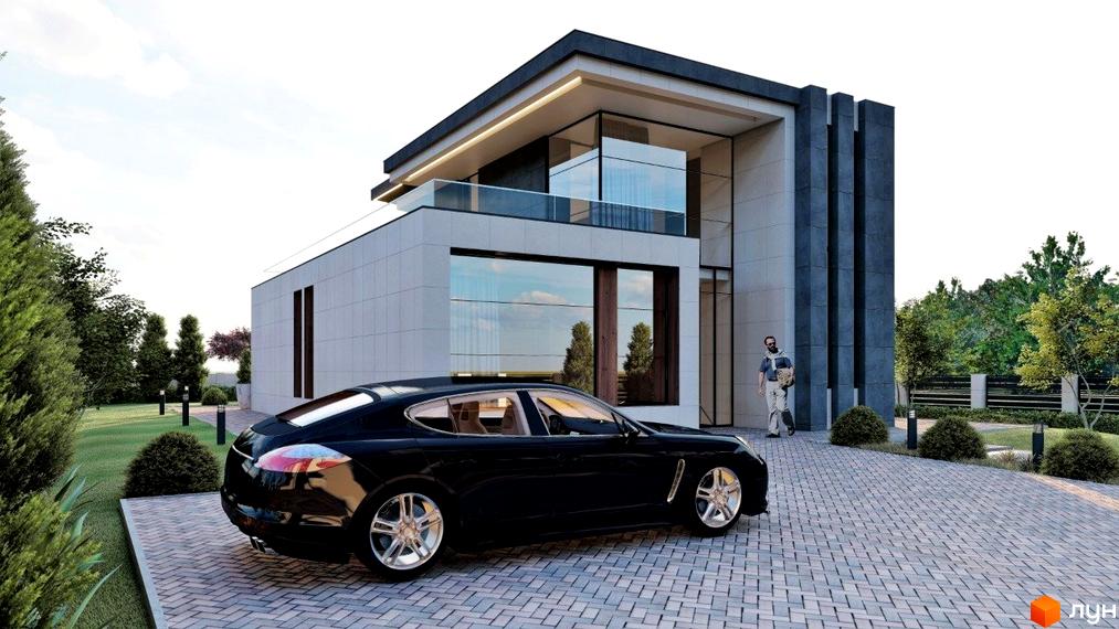 Сучасний двоповерховий будинок з великими вікнами та балконом, прибудинкова територія з чорним автомобілем та зеленими насадженнями.