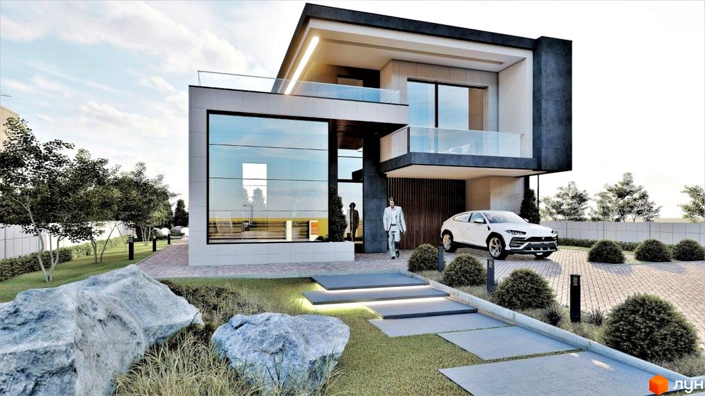 Сучасний двоповерховий будинок з великими вікнами та балконом, перед яким розташований доглянутий двір з деревами та автомобілем.