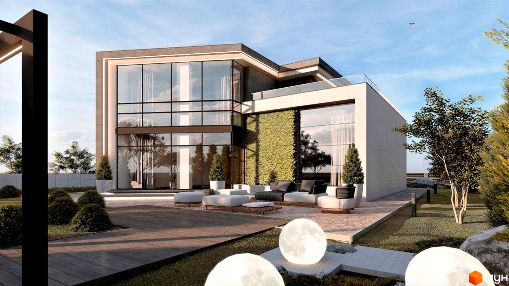 Сучасний житловий комплекс у Києві з панорамними вікнами та зеленою стіною. Прибудинкова територія з терасою, зоною відпочинку та ландшафтним дизайном.