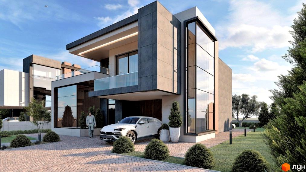 Сучасний котеджне містечко КМ Київ з великими вікнами та доглянутою прибудинковою територією. На території комплексу розташований білий автомобіль та зелені кущі.