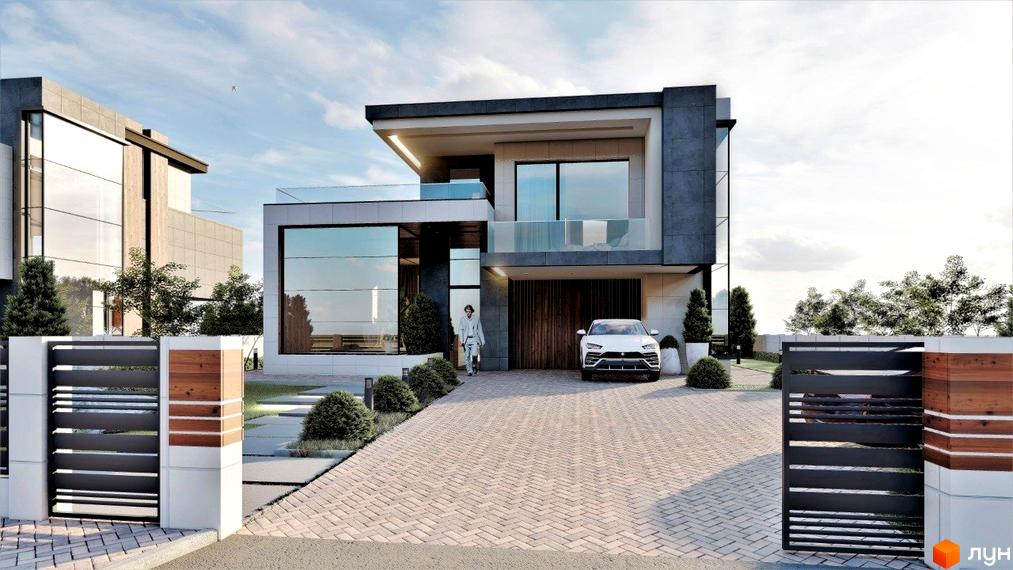 Сучасний двоповерховий будинок з великими вікнами та скляними балконами, розташований на брукованій ділянці з доглянутими кущами та парканом.