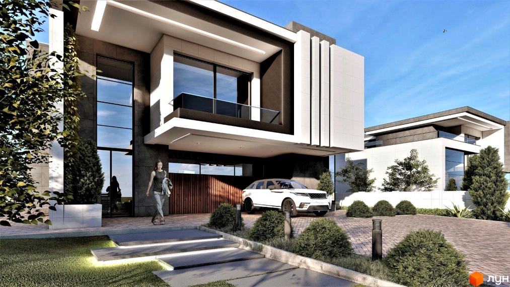 Сучасний котеджний комплекс КМ Київ з білими та темними фасадами, великими вікнами та доглянутою прибудинковою територією з зеленими насадженнями та доріжками.