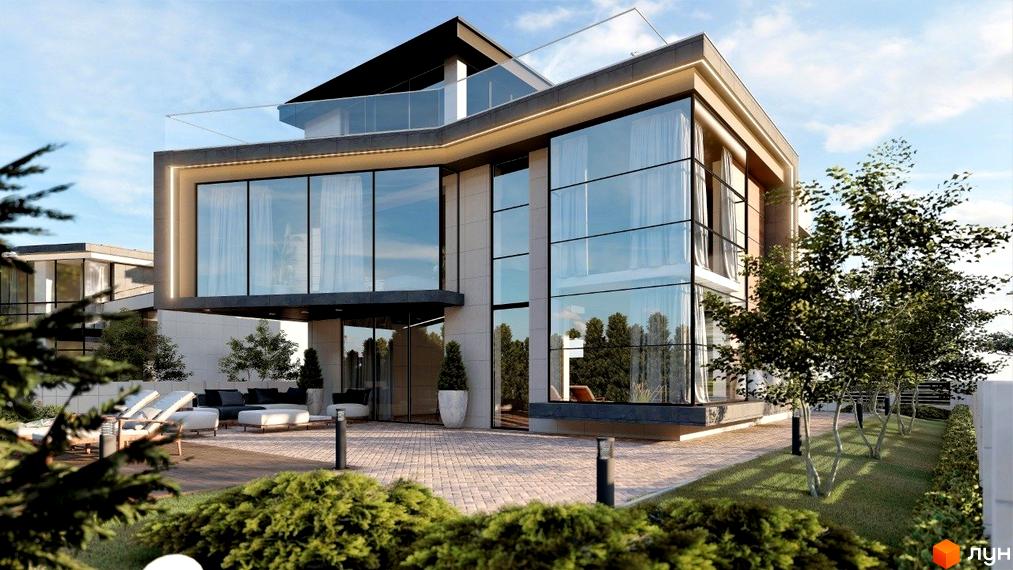 Сучасний житловий комплекс КМ Київ з панорамними вікнами та терасою на даху. На прибудинковій території розташовані зони відпочинку з лежаками та диванами.