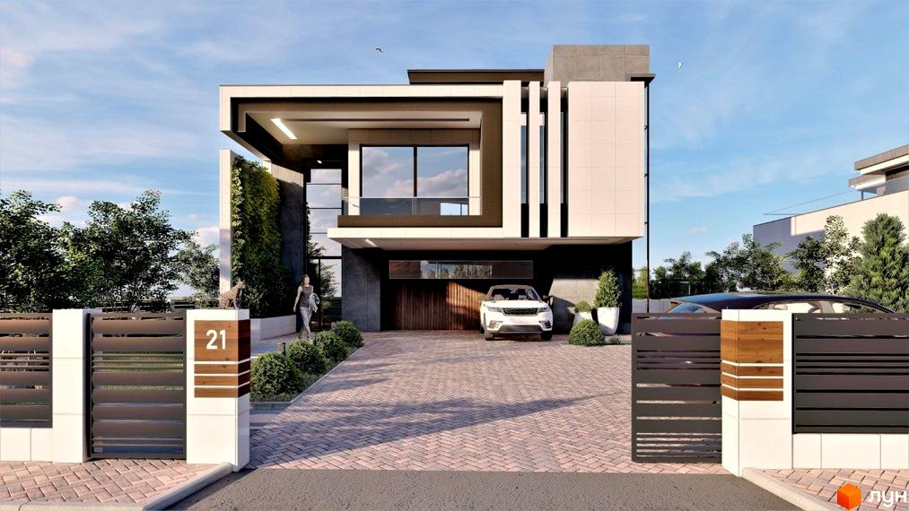 Сучасний двоповерховий будинок з великими вікнами та гаражем, розташований на вимощеній бруківкою ділянці з доглянутими кущами та парканом.