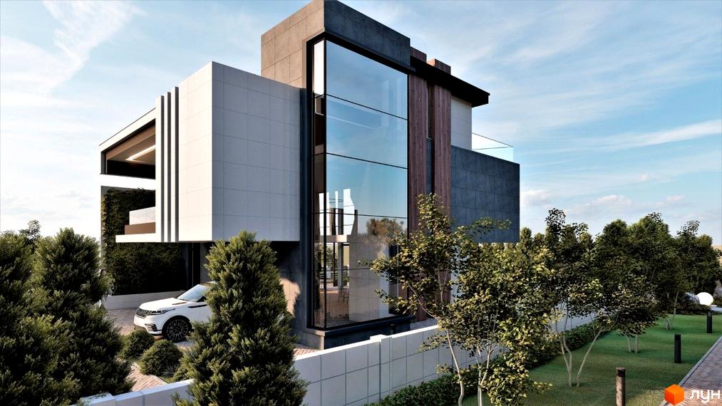 Сучасний житловий комплекс у Києві з великими вікнами та зеленою зоною. На території новобудови розташований білий автомобіль.