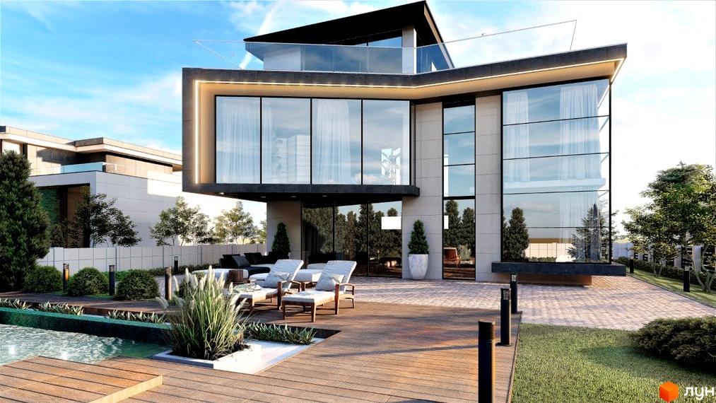 Будинок з великими вікнами та терасою, басейн та зона відпочинку з шезлонгами біля будинку.