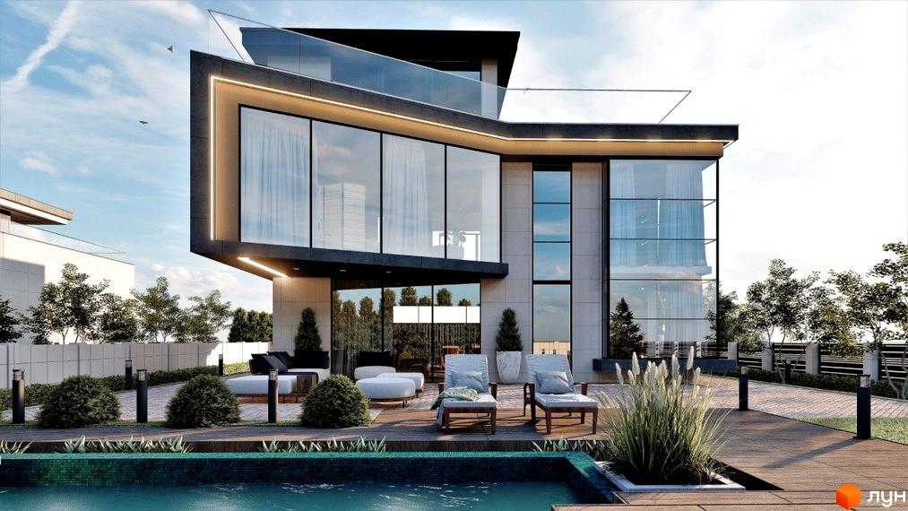 Сучасний котеджне містечко КМ Київ з великими вікнами та басейном. На прибудинковій території розташовані шезлонги, кущі та освітлення.