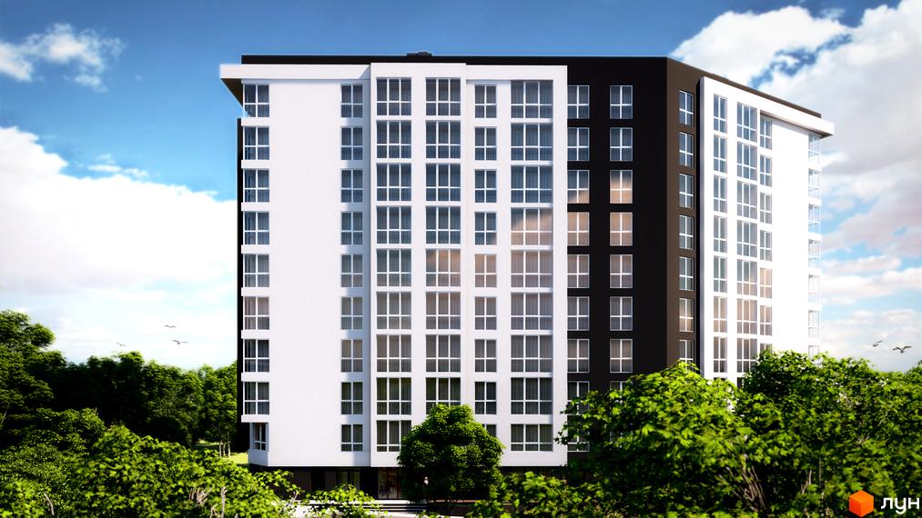 Житловий комплекс Kaiser Park: сучасна новобудова з білими та чорними фасадами, великою кількістю вікон, оточена зеленню дерев.