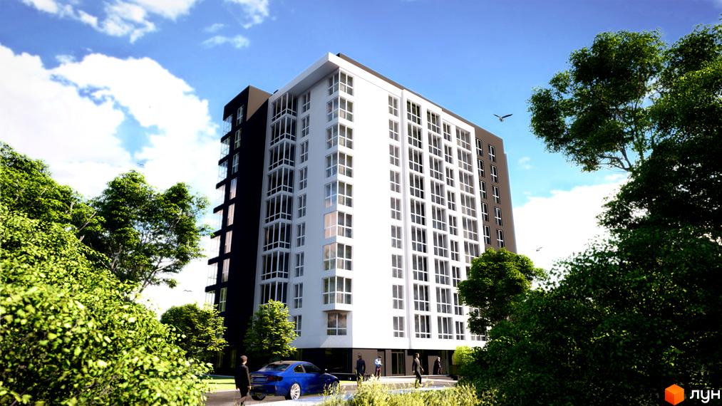 Житловий комплекс Kaiser Park - це висотна будівля з біло-чорним фасадом та великою кількістю вікон, оточена зеленню.