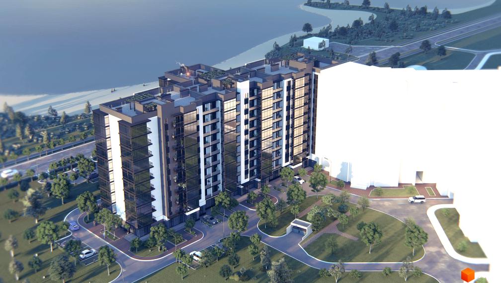 Зовнішній вигляд новобудови ЖК Набережний з панорамними вікнами та прибудинковою територією з деревами та парковкою. Комплекс розташований біля води.