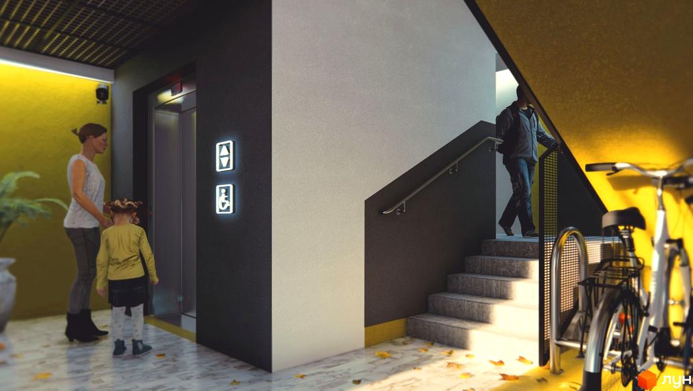 Житловий комплекс Набережний: вхідна група з ліфтом та сходами, де людина спускається, та велосипедний паркінг.