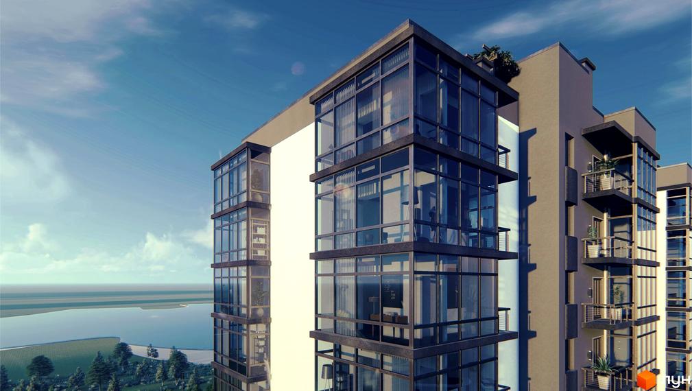 Новобудова Набережний з панорамними вікнами та балконами. Навколо зелена зона з деревами та водойма.