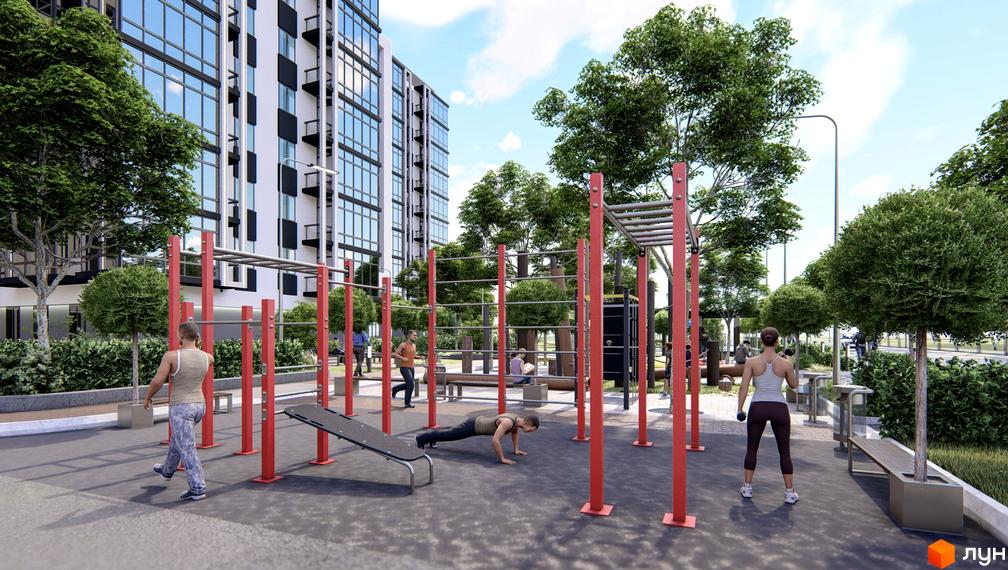 Житловий комплекс Набережний. Сучасна новобудова з великою кількістю скління та прибудинковою територією зі спортивним майданчиком.